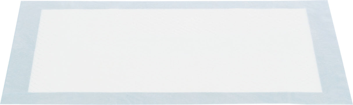 Weiße rechteckige Unterlage mit hellblauem Rand auf weißem Hintergrund.