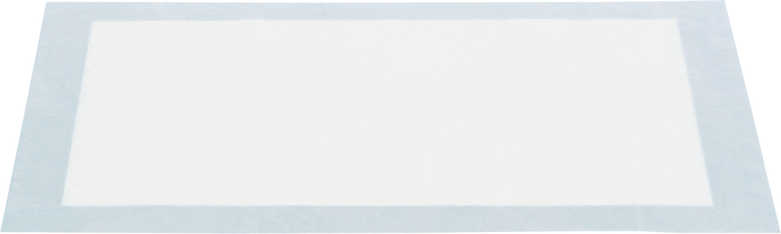 Weiße rechteckige Unterlage mit hellblauem Rand auf weißem Hintergrund.