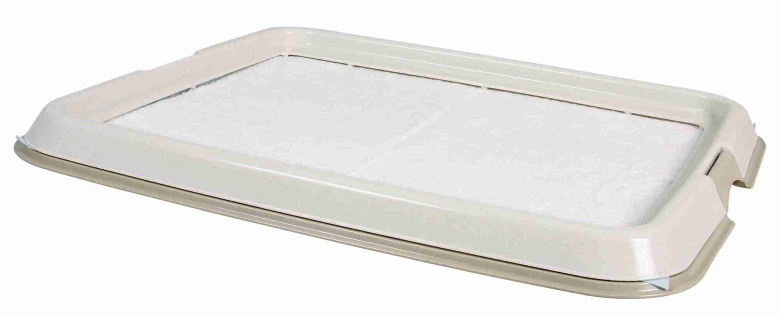 Rechteckige, flache, beige Kunststoffunterlage mit erhöhtem Rand, enthält ein weißes Einlegepad.