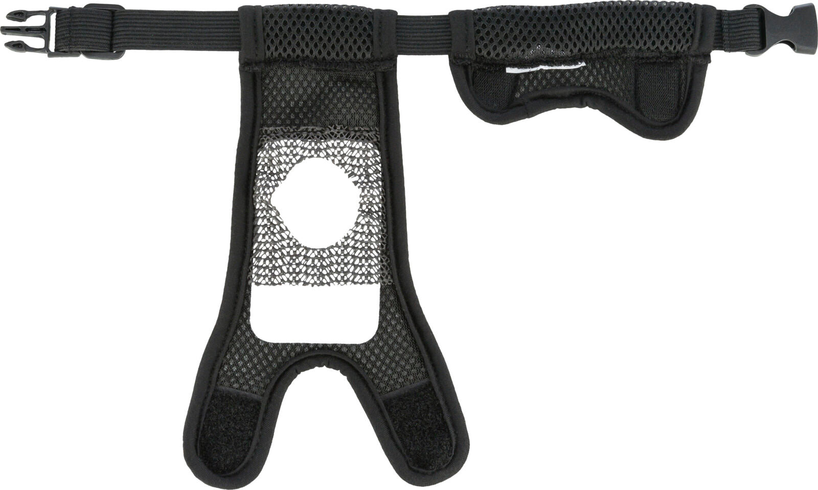Schwarzer Netzgeschirr aus Mesh mit verstellbarem Riemen und Klickverschluss.
