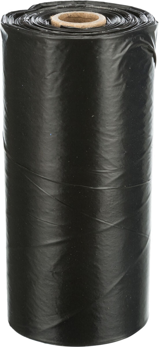 Schwarz glänzende Rolle aus dünnem Material mit Pappkern in der Mitte, aufrecht stehend.