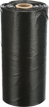 Schwarz glänzende Rolle aus dünnem Material mit Pappkern in der Mitte, aufrecht stehend.