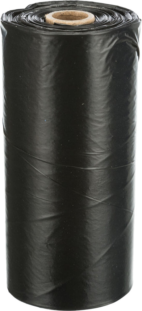 Schwarz glänzende Rolle aus dünnem Material mit Pappkern in der Mitte, aufrecht stehend.