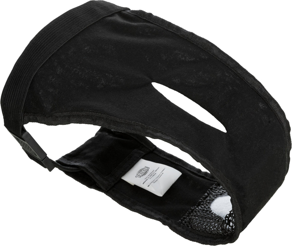 Schwarzes Stoffband mit elastischem Gurt und Schnalle, rechteckige Öffnung in der Mitte, Etikett sichtbar.