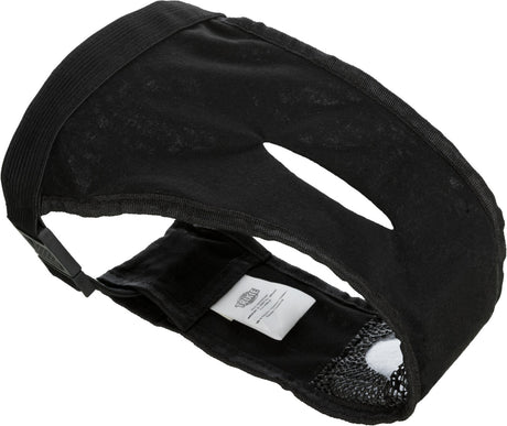 Schwarzes Stoffband mit elastischem Gurt und Schnalle, rechteckige Öffnung in der Mitte, Etikett sichtbar.