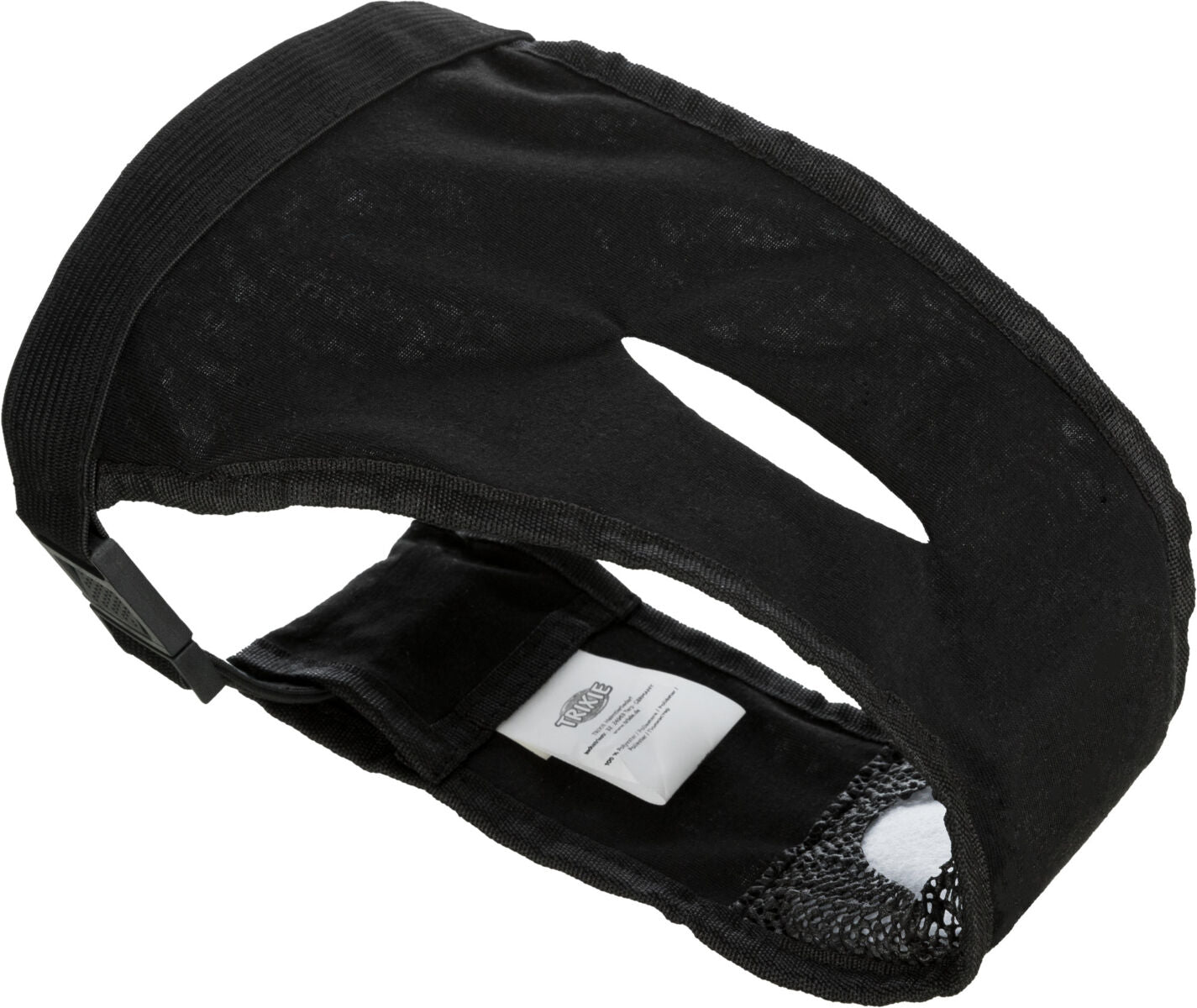 Schwarzes Stoffband mit elastischem Gurt und Schnalle, rechteckige Öffnung in der Mitte, Etikett sichtbar.