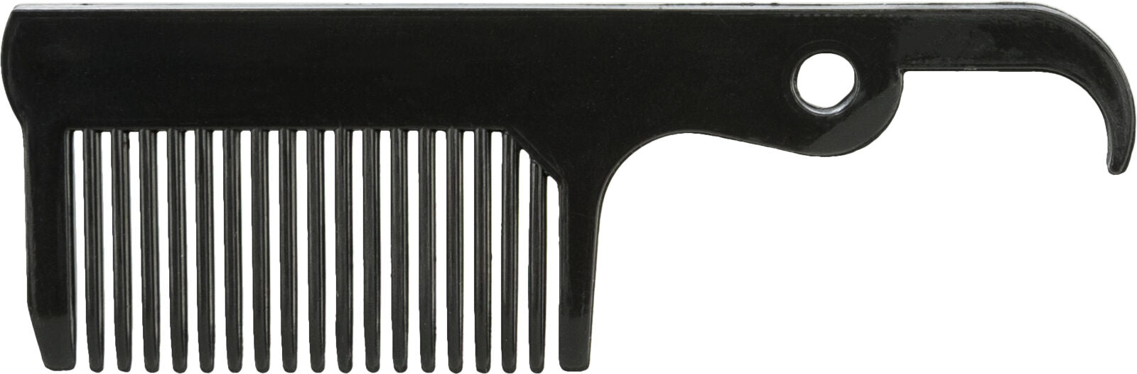 Schwarzer Kamm mit breiten Zinken und integriertem Flaschenöffner am Griffende.