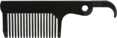 Schwarzer Kamm mit breiten Zinken und integriertem Flaschenöffner am Griffende.