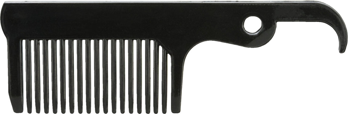 Schwarzer Kamm mit breiten Zinken und integriertem Flaschenöffner am Griffende.