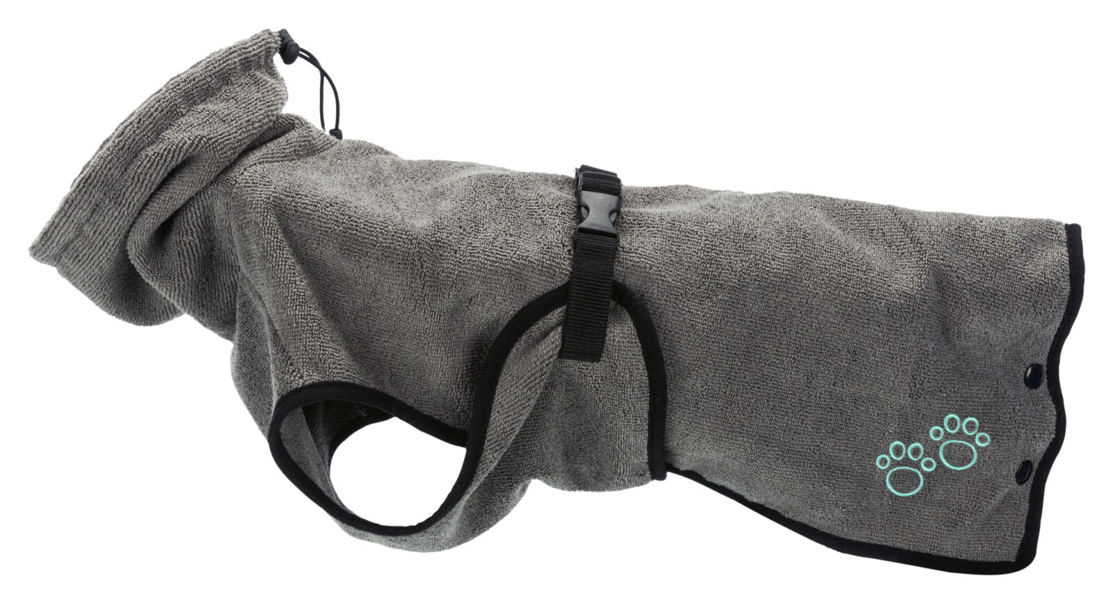 Grauer Hundemantel mit schwarzer Umrandung und Schnalle, sowie zwei gestickten Pfotenabdrücken auf der Seite.