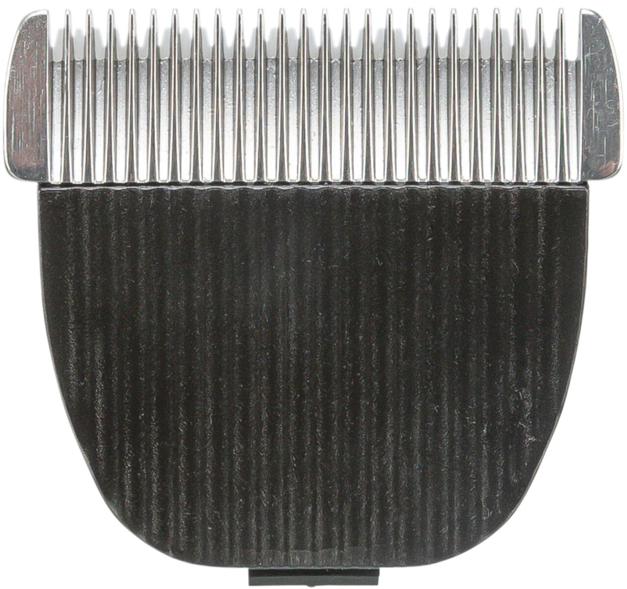Schwarzer Trimmeraufsatz mit silbernen Klingen in Nahaufnahme, gerade Ausrichtung, metallisch glänzend.