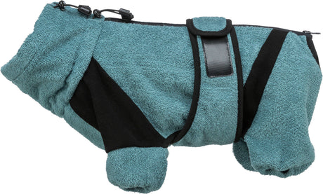 Türkisfarbene Hundemantel aus Frottee mit schwarzem Riemen und Reißverschluss, verstellbar mit Klickverschluss.