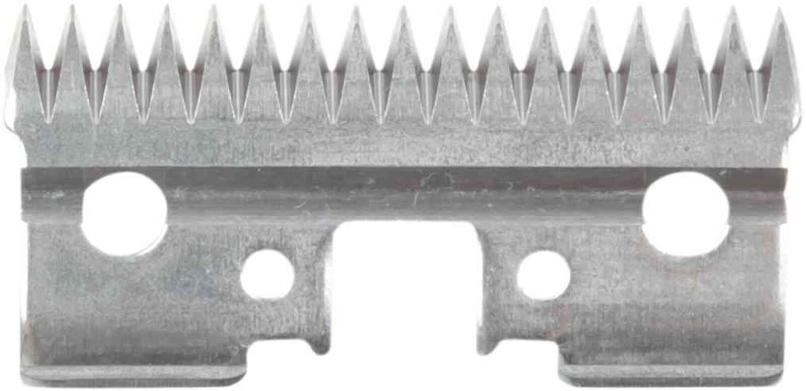 Metallschneideklinge mit gezacktem Rand und mehreren runden Öffnungen, silberfarben.