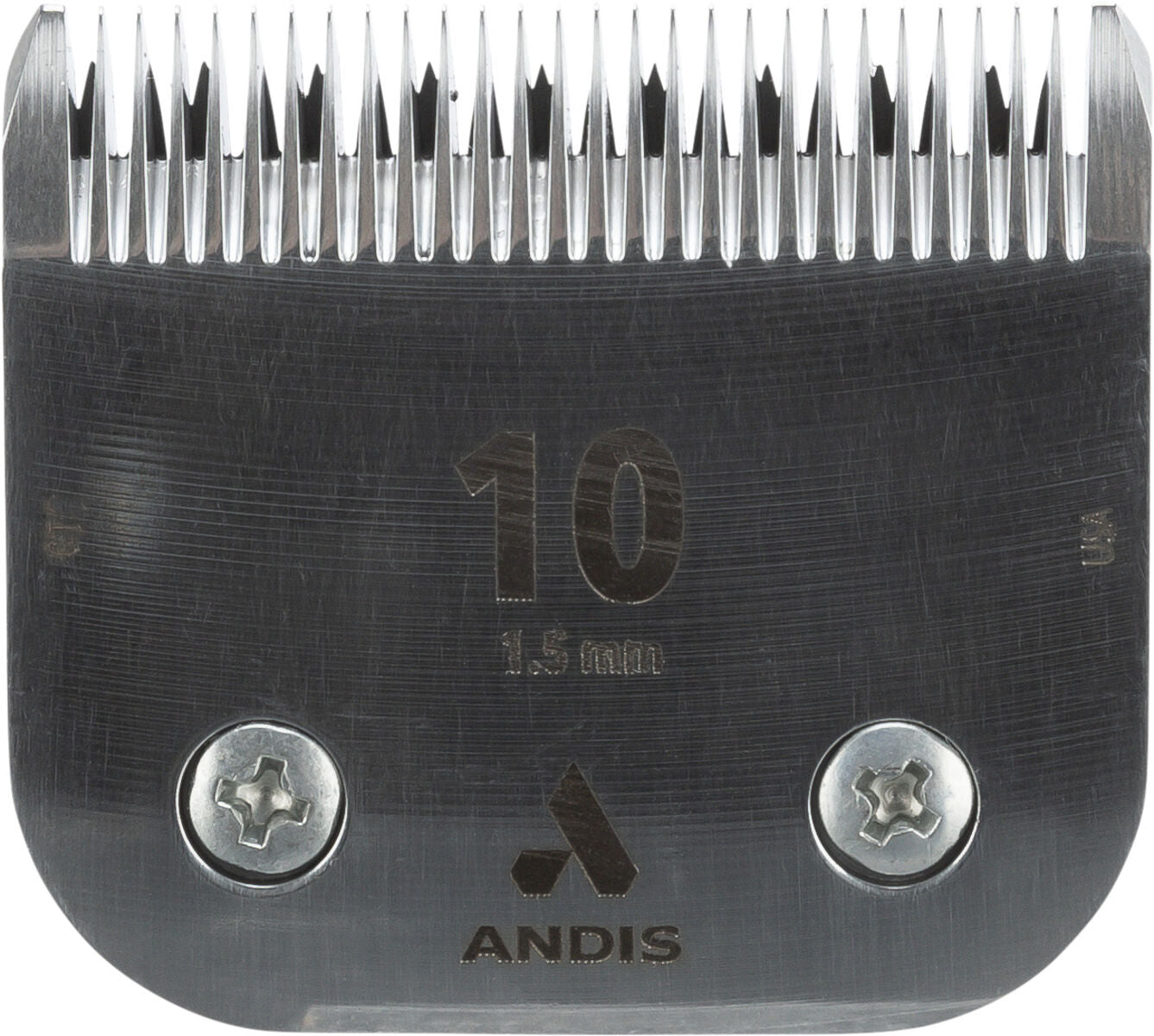 Schneidkopf aus Metall mit der Aufschrift „10“, darunter „1.5 mm“, darunter das Logo und der Schriftzug „ANDIS“.