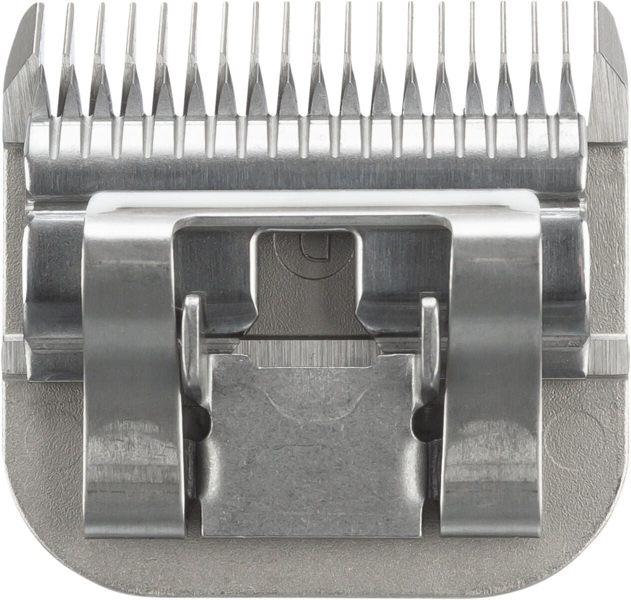 Metallene Haarschneideklinge mit feinen Zähnen und silberner Oberfläche, rechteckige Form.