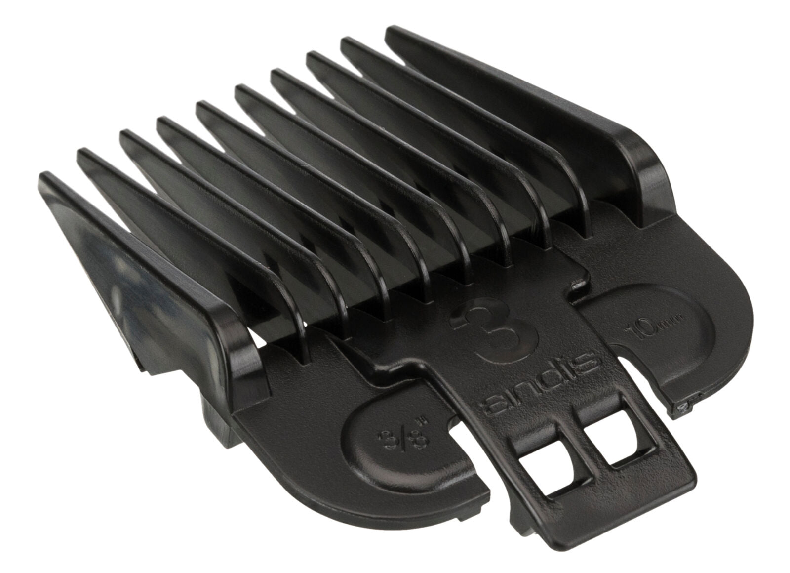 Schwarzer Kammaufsatz mit mehreren Zinken, markiert mit "3 andis 3/8\" 10mm", geeignet für Haarschneidemaschinen.