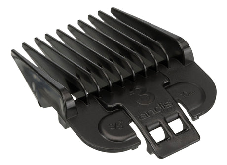 Schwarzer Kammaufsatz mit mehreren Zinken, markiert mit "3 andis 3/8\" 10mm", geeignet für Haarschneidemaschinen.