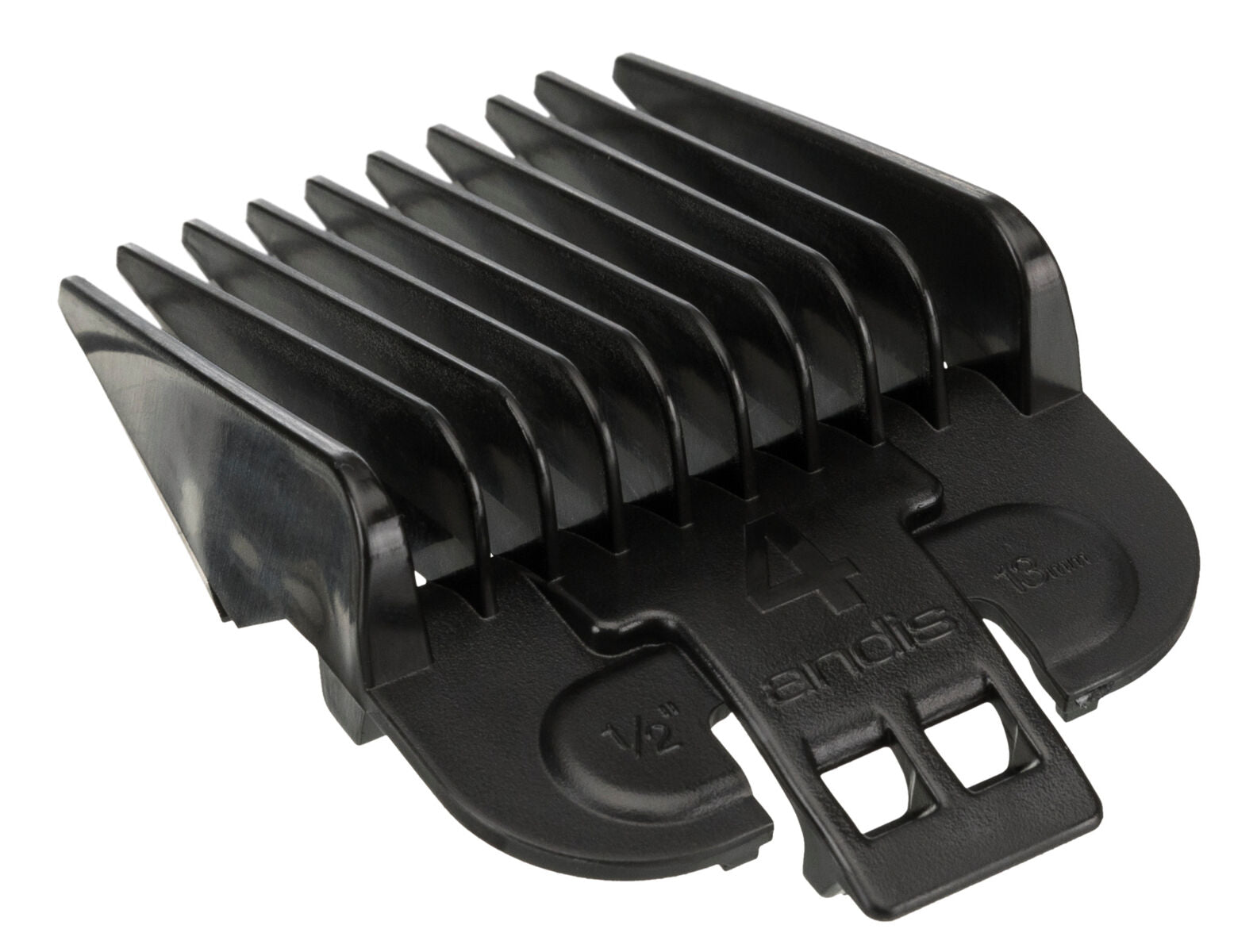 Ein schwarzer Kammaufsatz mit mehreren Zinken und der eingeprägten Zahl 4 sowie der Markenaufschrift "andis".