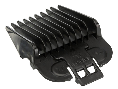Ein schwarzer Kammaufsatz mit mehreren Zinken und der eingeprägten Zahl 4 sowie der Markenaufschrift "andis".