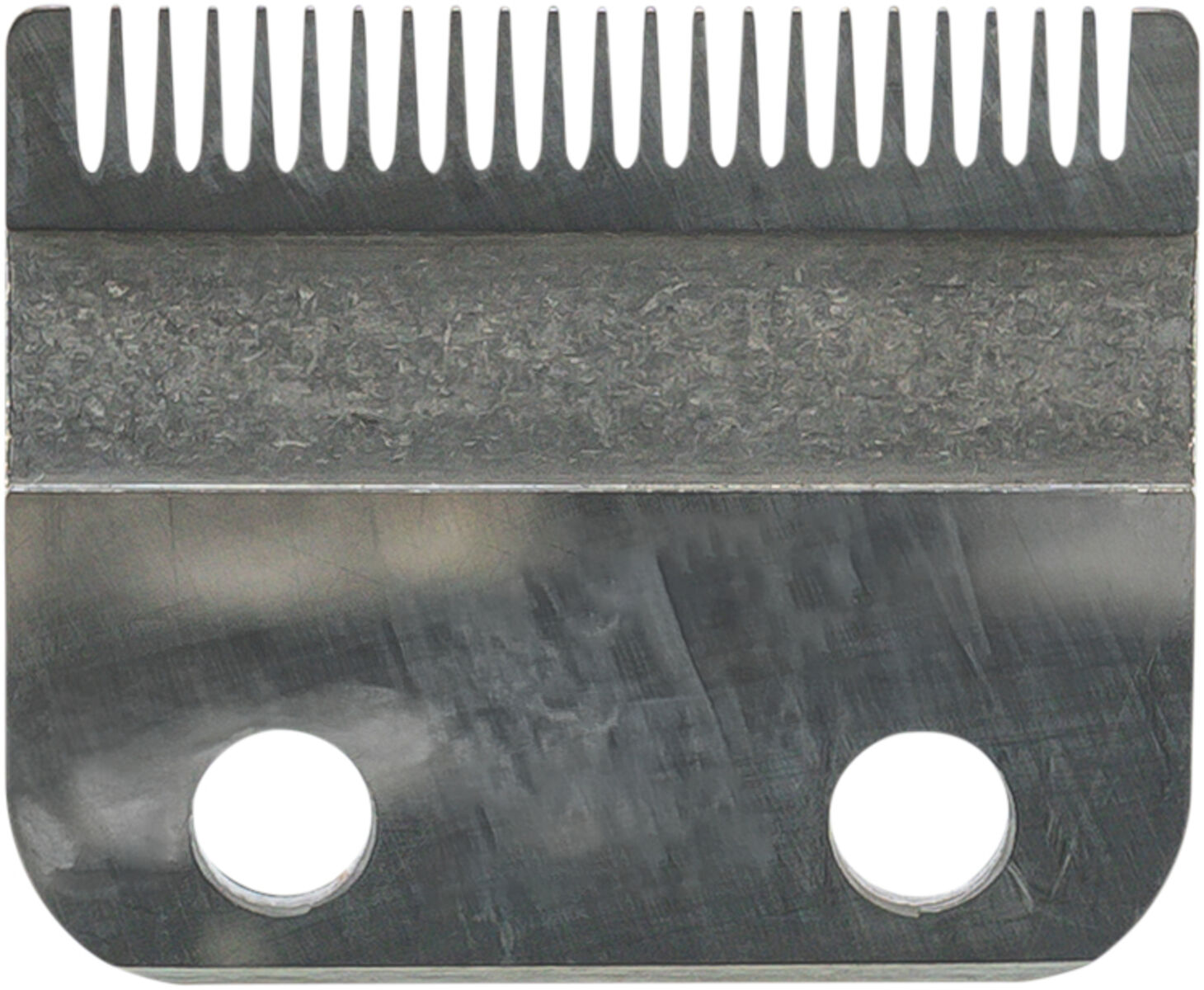 Metalltrimmerklinge mit feinen Zähnen oben und zwei Löchern unten, silberfarben.