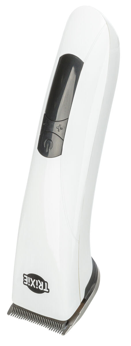 Elektrischer weißer Trimmer mit schwarzem Bedienfeld und Tasten für Ein/Aus und Geschwindigkeitsanpassung.
