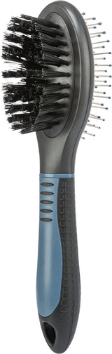 Zweiseitige Bürste mit schwarzem und blauem Griff, eine Seite Borsten, andere Seite Stifte mit runden Enden.