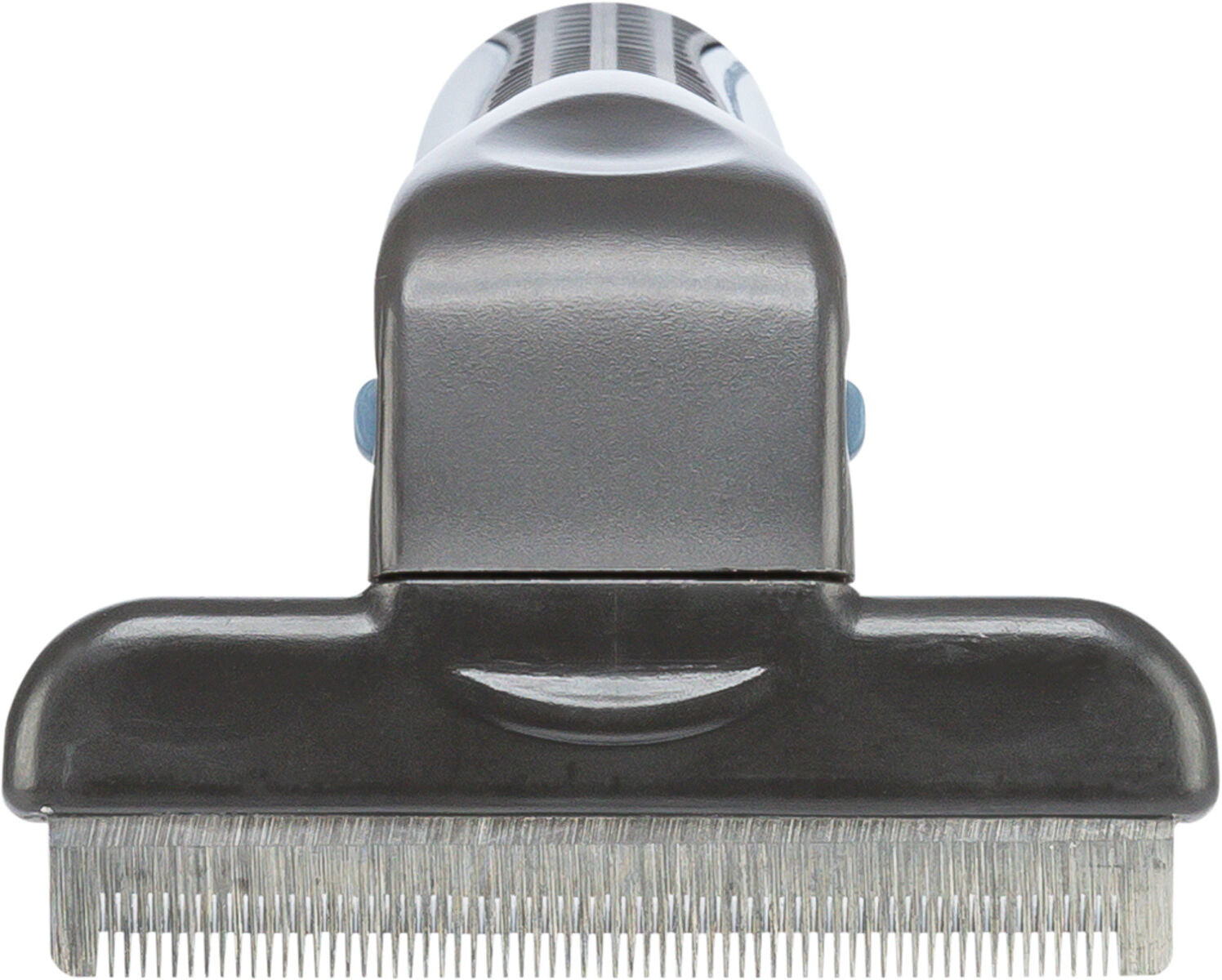Graues Pflegewerkzeug mit feinen Metallzinken und ergonomischem Griff sichtbar.