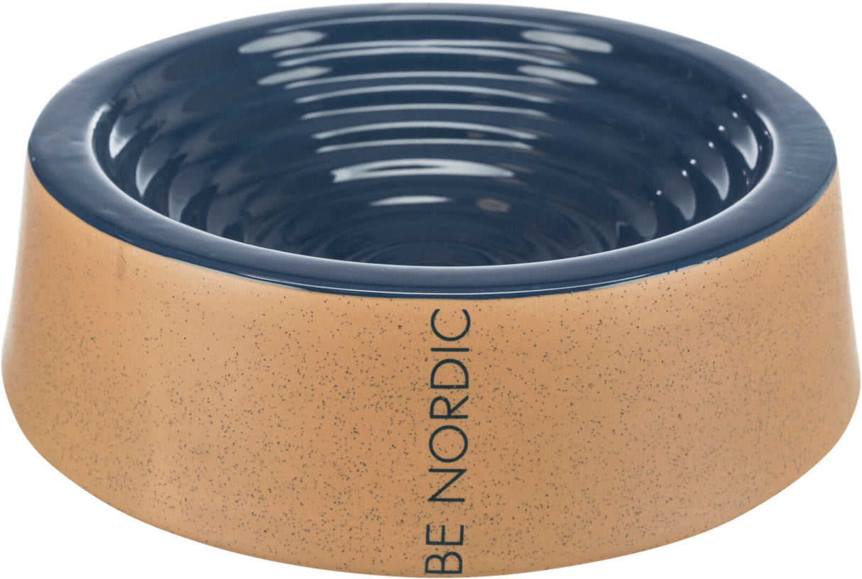 Beige- und dunkelblauer Futternapf mit Aufschrift "BE NORDIC", glatte Oberfläche, innen dunkelblau.