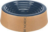 Beige- und dunkelblauer Futternapf mit Aufschrift "BE NORDIC", glatte Oberfläche, innen dunkelblau.