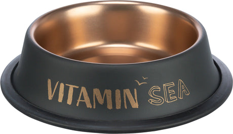 Schwarzer Futternapf mit goldener Innenseite und Aufschrift "VITAMIN SEA" in goldener Farbe.