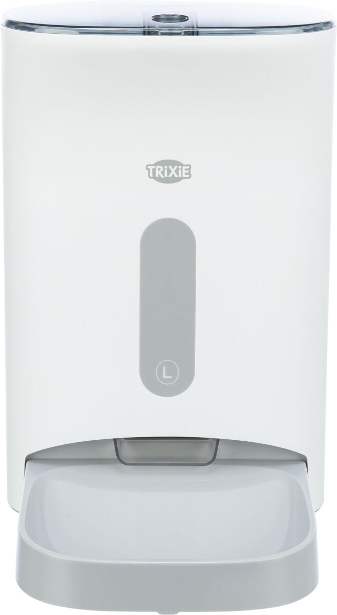 Automatischer Futternapf in Weiß und Grau mit durchsichtigem Deckel und herausziehbarem Fach von Trixie.