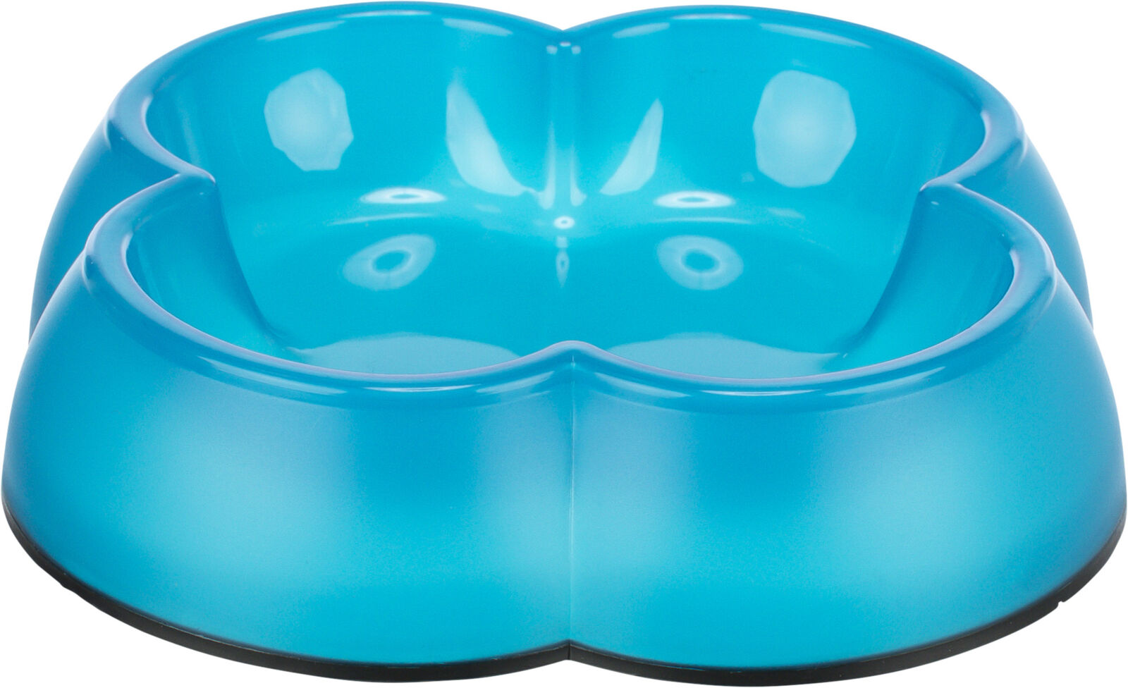 Blauer Napf mit glänzender Oberfläche, in Form eines vierblättrigen Kleeblatts gestaltet.