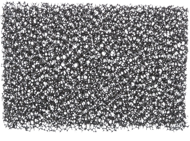 Schwarze, netzartige Struktur mit vielen kleinen Öffnungen und einer unregelmäßigen, gitterartigen Oberfläche.