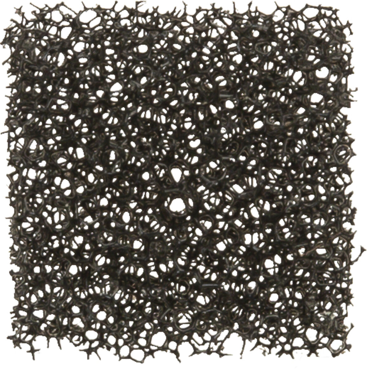 Schwarzes, netzartiges Geflecht in quadratischer Form mit unregelmäßigen, kreisförmigen Öffnungen.