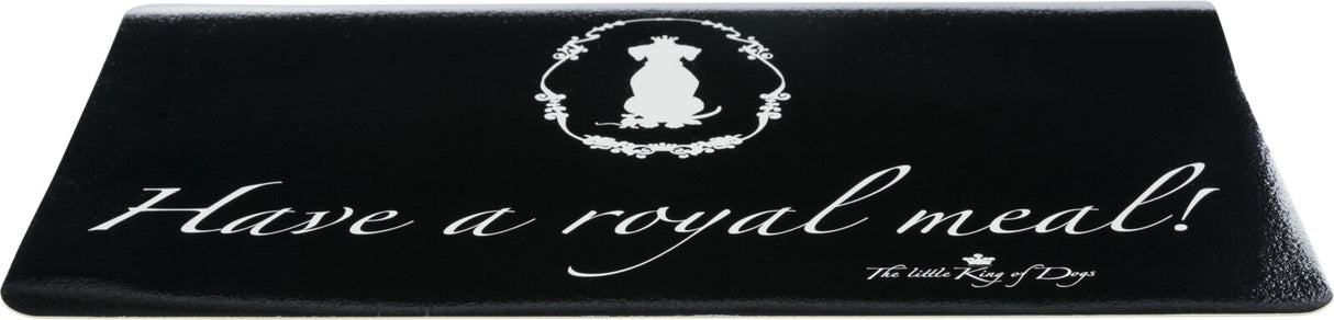 Schwarze Matte mit weißem Text "Have a royal meal!" und "The little King of Dogs", dekorativer Hund in Kranz.