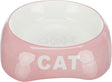 Rosa Fressnapf mit weißer Aufschrift "CAT" und Fischgrätenmotiv innen, glänzende Oberfläche.