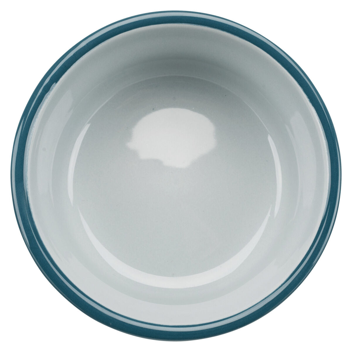 Weiße runde Schüssel mit dunkelblauem Rand, von oben fotografiert, sie hat eine glatte, glänzende Oberfläche.