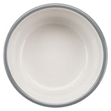 Weiße Schale mit grauem Rand, von oben fotografiert.