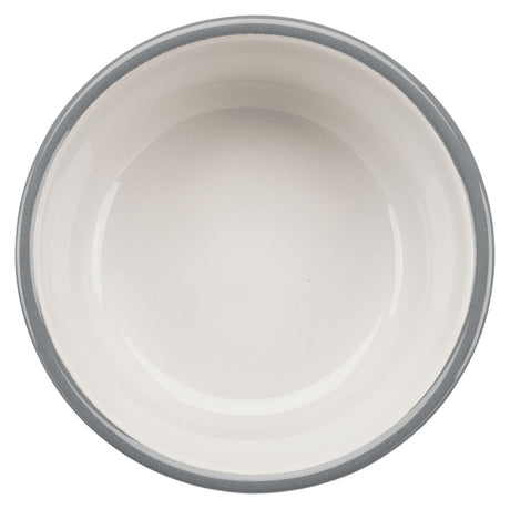 Weiße Schale mit grauem Rand, von oben fotografiert.