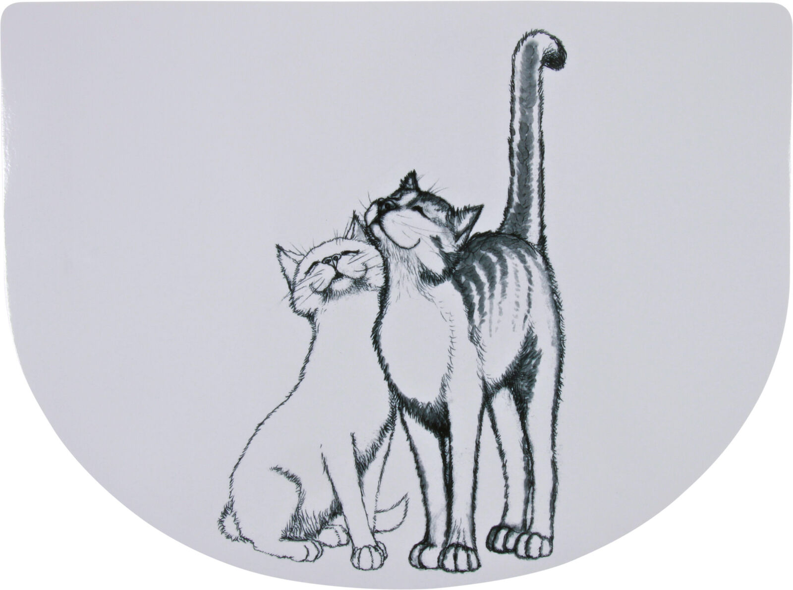 Zwei gezeichnete Katzen stehen eng beieinander, eine getigerte und eine helle, auf einem weißen Hintergrund.