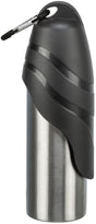 Silberfarbene Trinkflasche aus Edelstahl mit schwarzem Deckel und einem Karabiner.