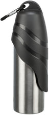 Silberfarbene Trinkflasche aus Edelstahl mit schwarzem Deckel und einem Karabiner.