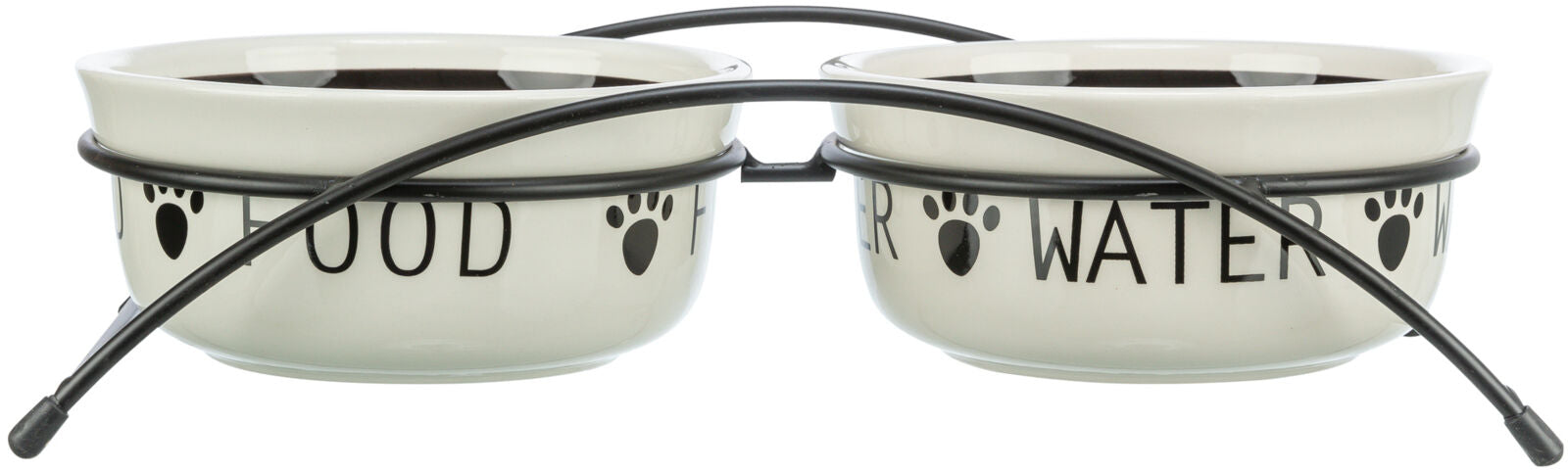 Zwei cremefarbene Schalen mit schwarzem Schriftzug "FOOD" und "WATER", gehalten in einem schwarzen Metallständer.