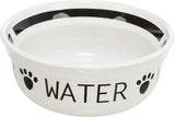 Weiße Schüssel mit schwarzem Rand und Pfotenabdrücken, Text "WATER" in Schwarz auf der Seite.