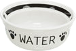 Weiße Schüssel mit schwarzem Rand und Pfotenabdrücken, Text "WATER" in Schwarz auf der Seite.