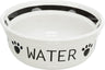 Weiße Schüssel mit schwarzem Rand und Pfotenabdrücken, Text "WATER" in Schwarz auf der Seite.