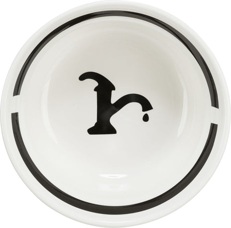 Weiße Schüssel mit schwarzem Wasserhahn-Symbol in der Mitte und schwarzem Randdekor.