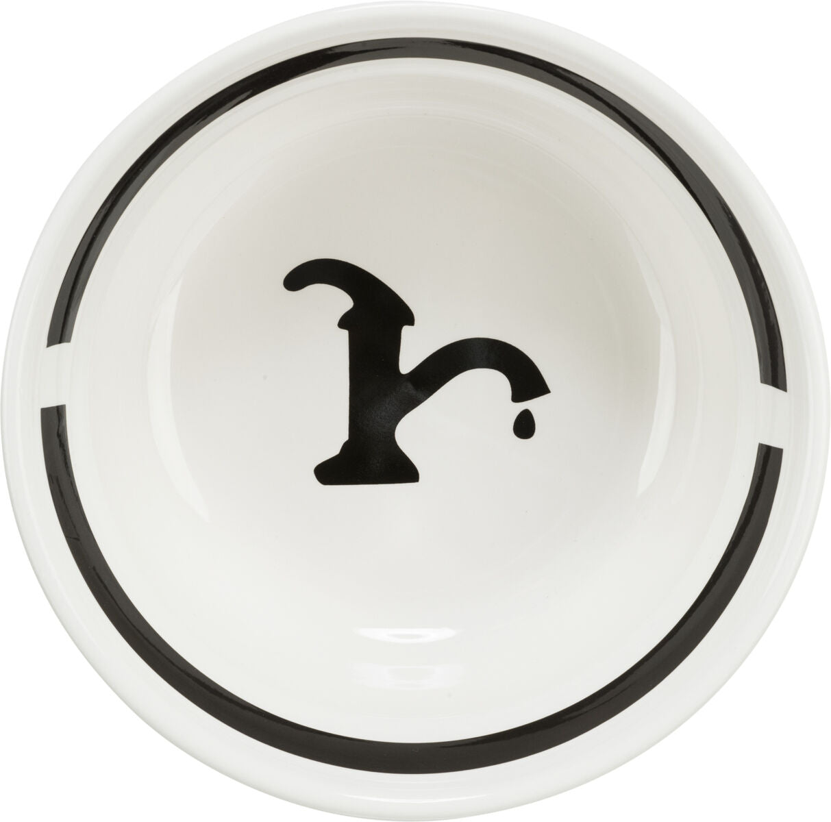 Weiße Schüssel mit schwarzem Wasserhahn-Symbol in der Mitte und schwarzem Randdekor.