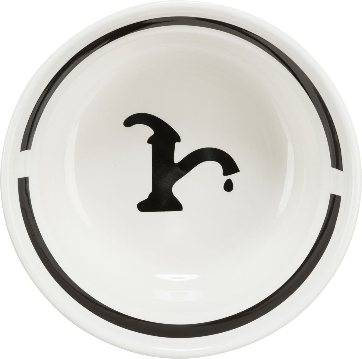 Weiße Schüssel mit schwarzem Wasserhahn-Symbol in der Mitte und schwarzem Randdekor.
