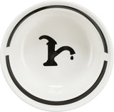 Weiße Schüssel mit schwarzem Wasserhahn-Symbol in der Mitte und schwarzem Randdekor.